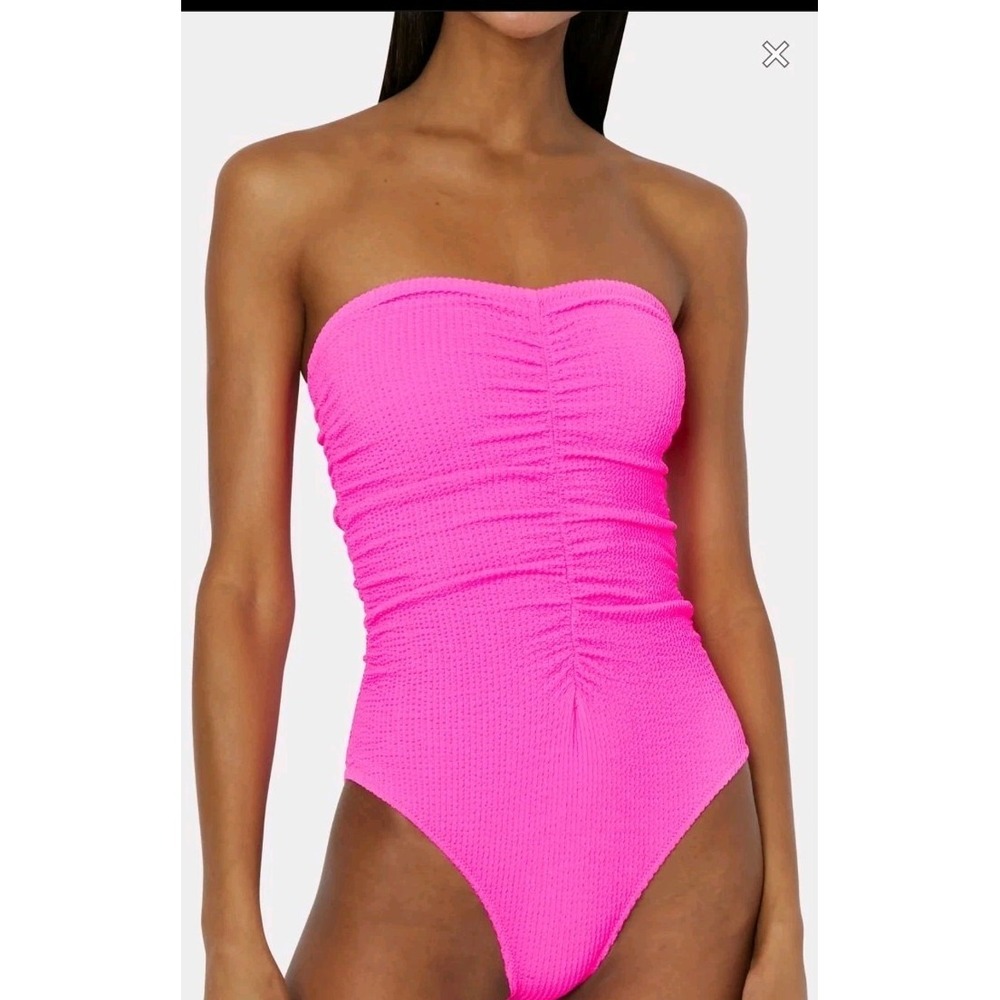 Milly Textured Ruched One Piece Bandeau Swimsuit Neon Pink M NWT Beach Vacation